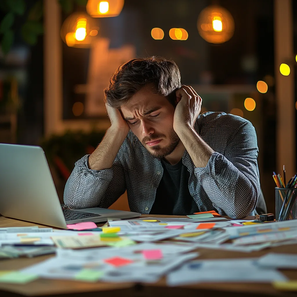 A busy male small business owner working at a cluttered desk, surrounded by papers and a laptop, looking focused but overwhelmed.
