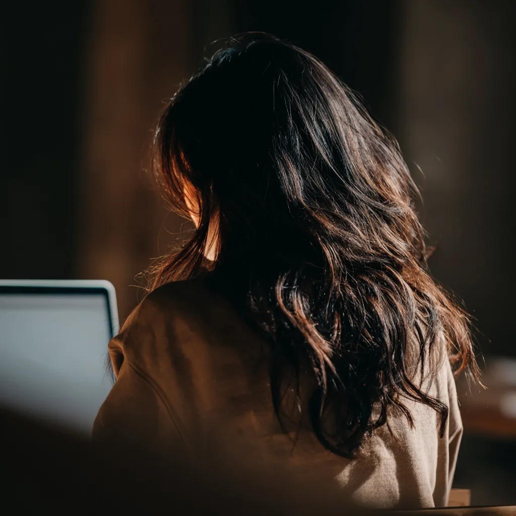 Woman working on a laptop in a moody, focused workspace — representing SEO for small business owners