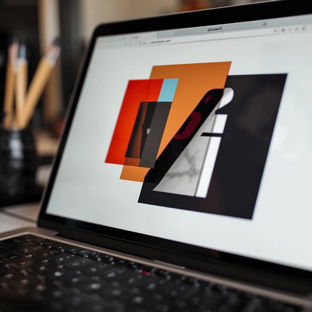 Creative workspace with laptop showing artistic website design featuring bold photography, representing Showit as the best website platform for small businesses in creative industries.